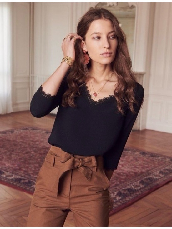 Sezane Tops - Sezane Marina Black Lace-Trim V-Neck 3/4 Sleeves Blouse Size 40